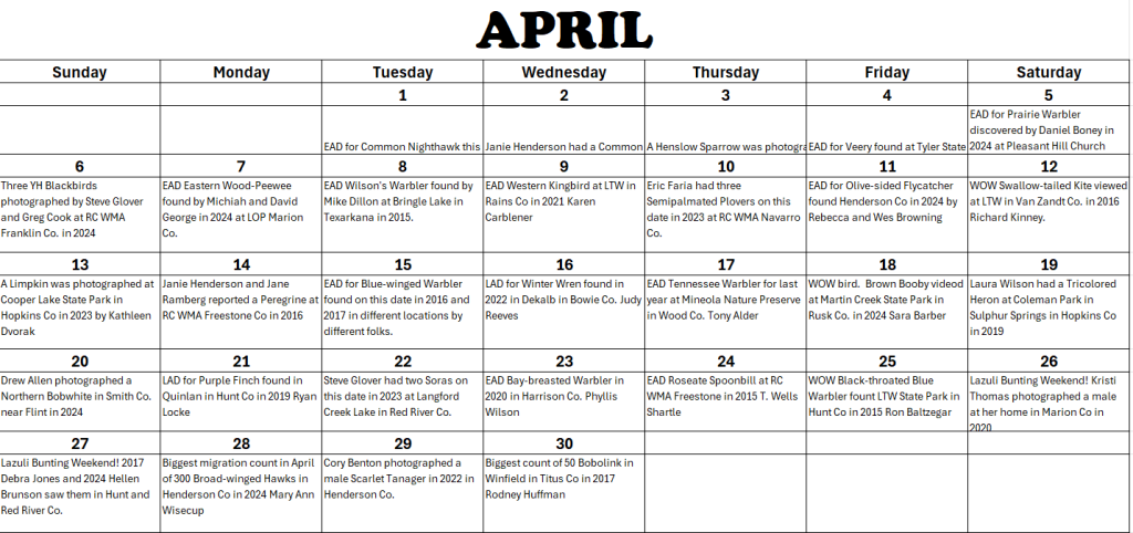 David Brotherton's Birding Calendar on East Texas Birding & Texas Birder